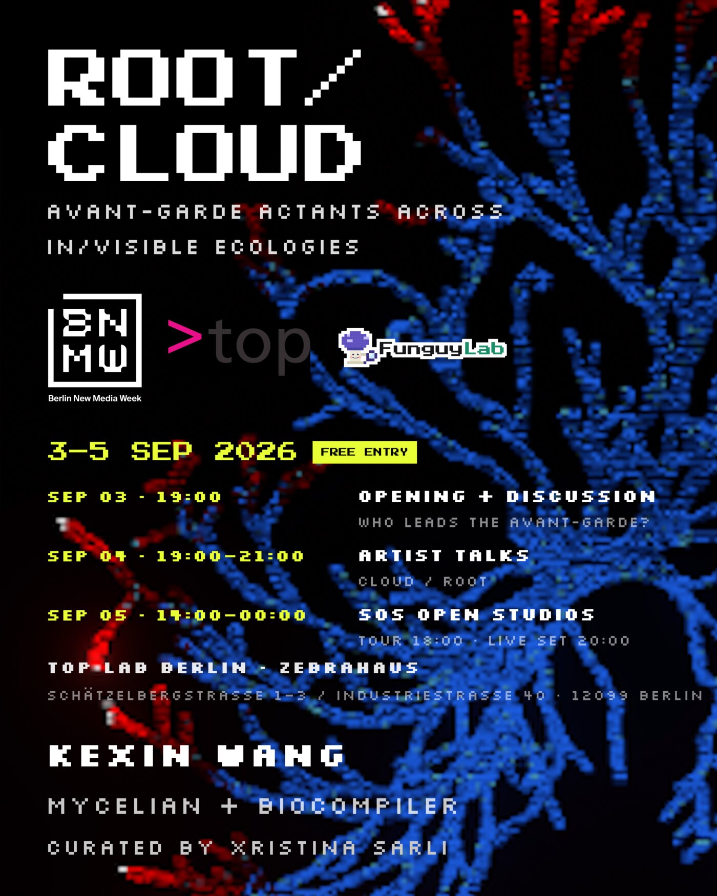 Berlin New Media Week — ROOT / CLOUD programme poster, Kexin Wang · Mycelian + Biocompiler