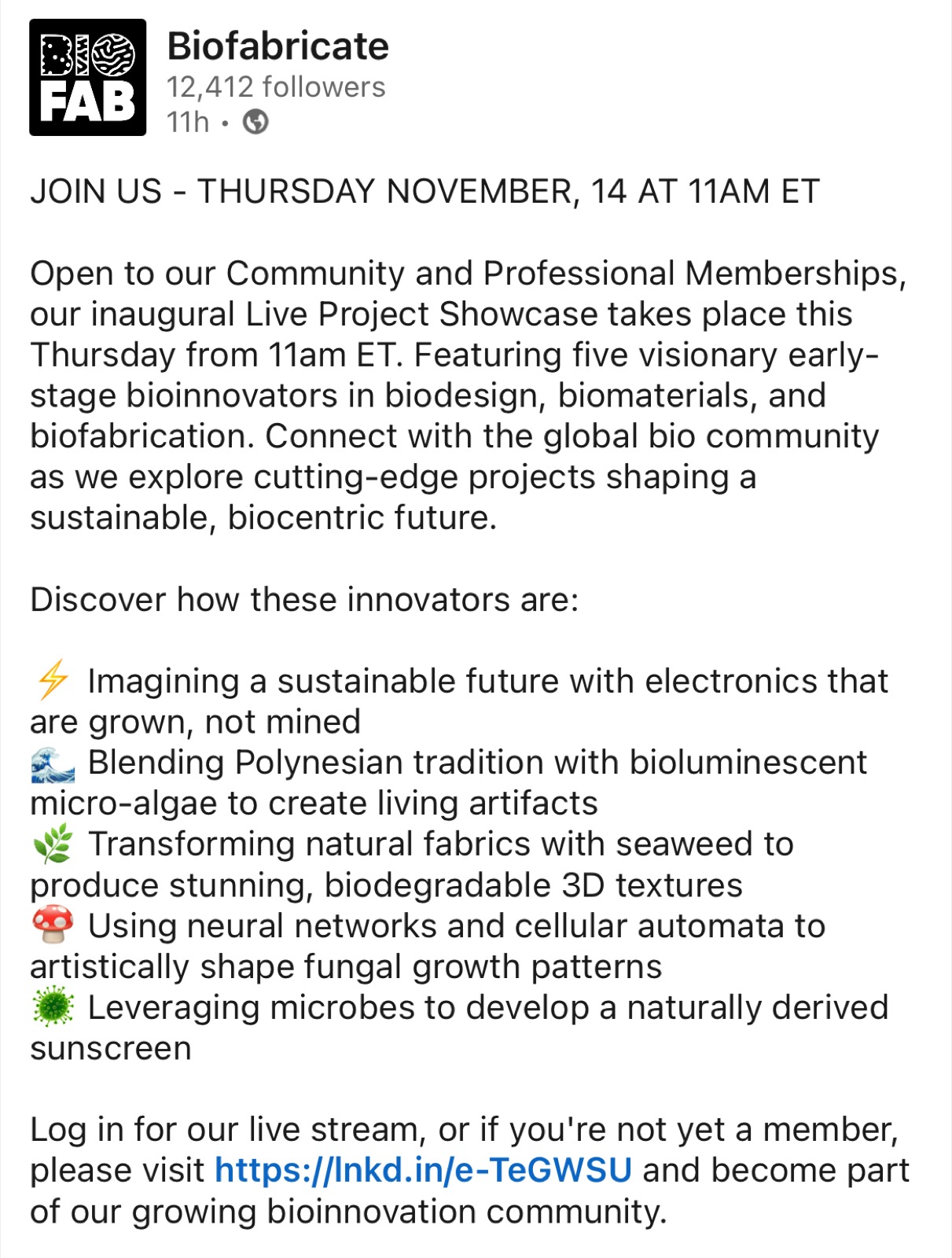 BioFabricate Live Project Showcase announcement featuring artineer's Mycelian Micro among five global bioinnovators