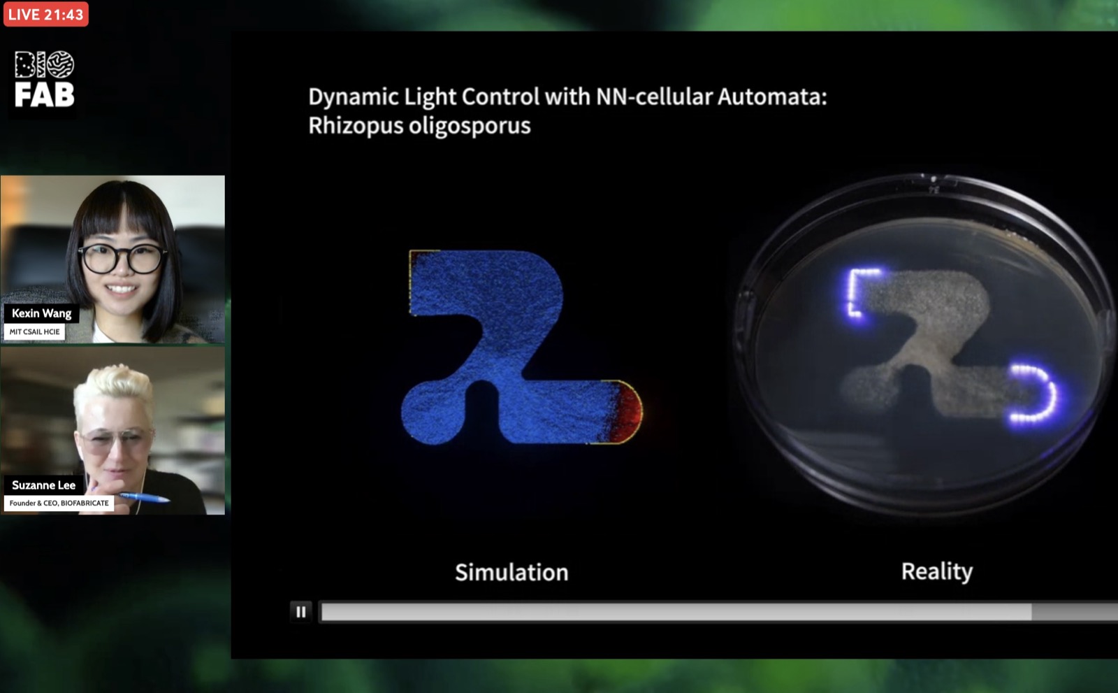 Kexin Wang (MIT CSAIL) presenting artineer's Mycelian dynamic light control alongside Suzanne Lee at the BioFabricate summit