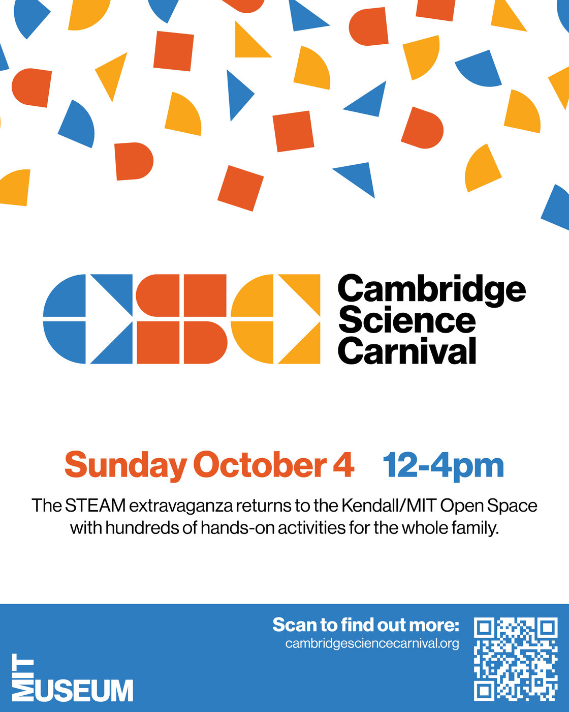 Cambridge Science Carnival 2026 poster — Sunday October 4, 12–4pm, Kendall/MIT Open Space